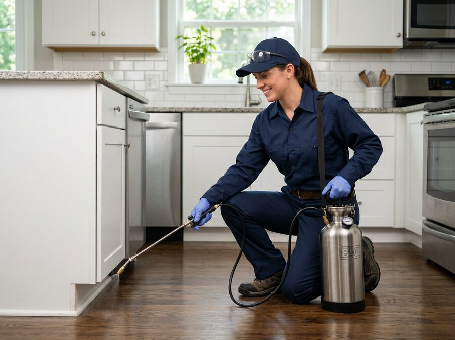 Pest control technician treating a home
